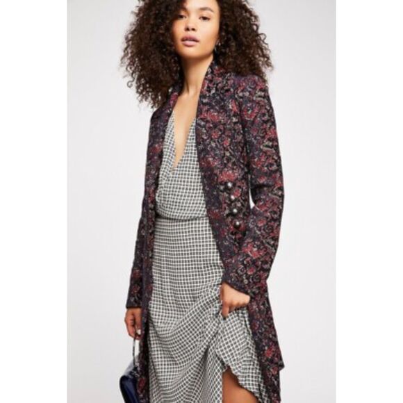 FREE PEOPLE *FLAWED* Red Black Floral Jacquard Long Line Equestrian Coat Size XS - Picture 1 of 11